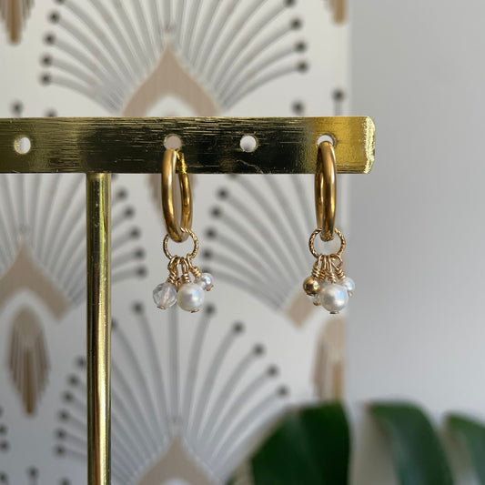 Créoles Cristal de roche et perles blanches