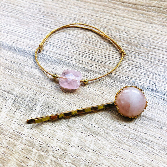 Parure bracelet barrette Quartz rose Amour