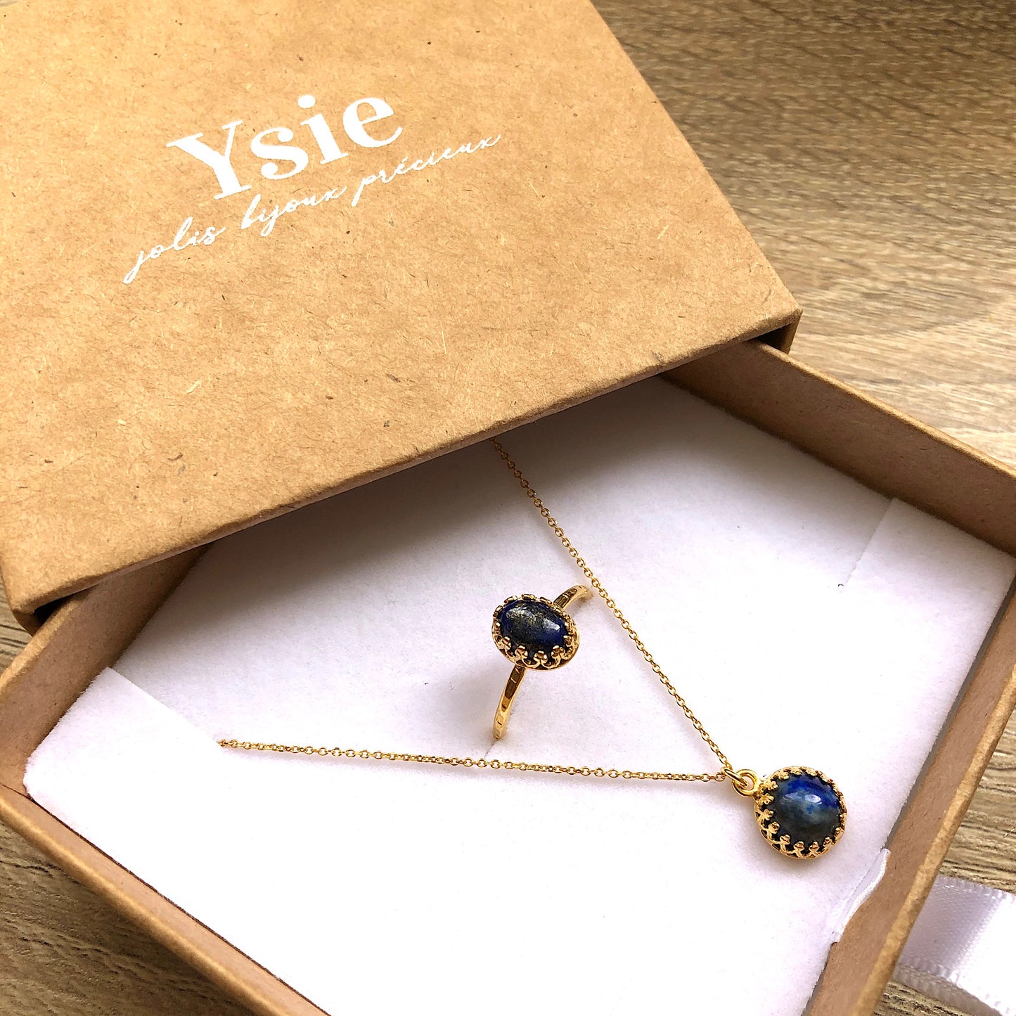 Coffret Cadeau parure collier bague pierres naturelles argent doré Margaux
