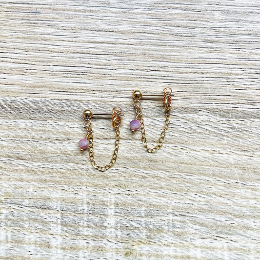 puces-oreilles-chainette-tourmaline-rose-plaque-or