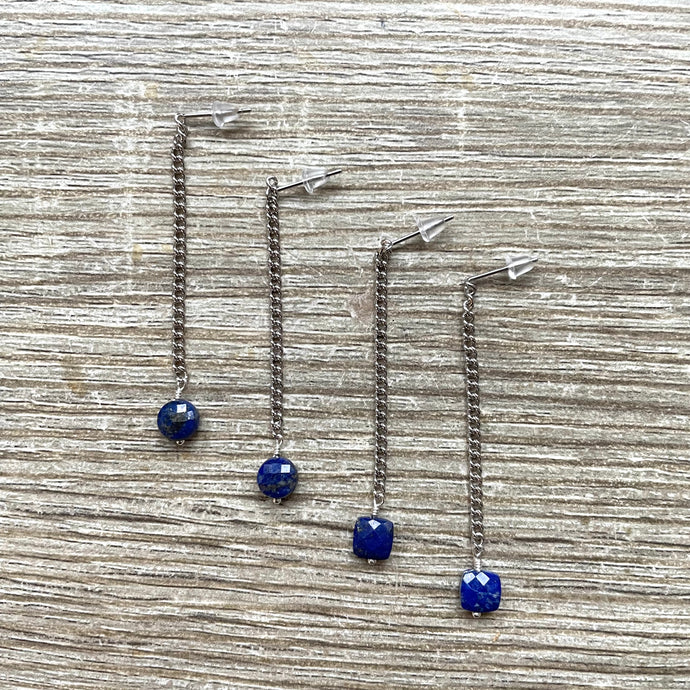 Puces d’oreilles chaîne Lapis Lazuli argent massif modèle unique
