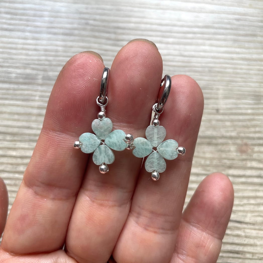 Boucles d'oreilles trèfle en Amazonite argenté