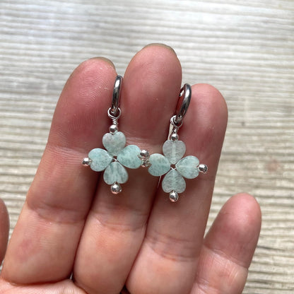 Boucles d'oreilles trèfle en Amazonite argenté
