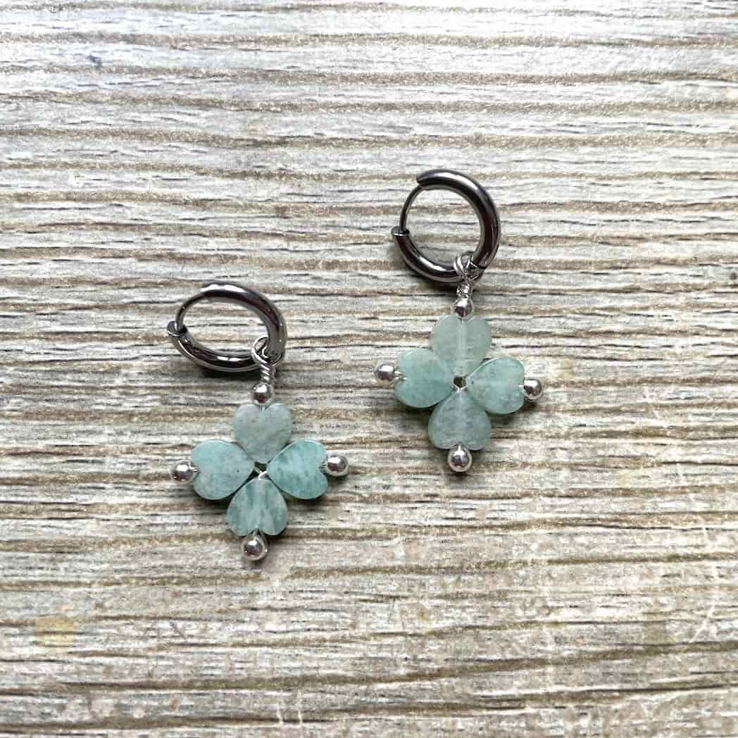 Boucles d'oreilles trèfle en Amazonite argenté