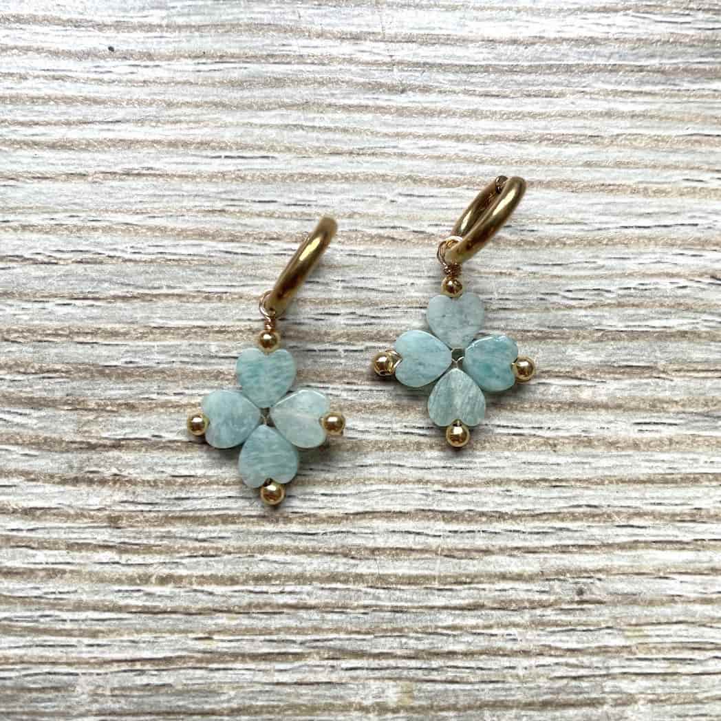 Boucles d'oreilles trèfle en Amazonite doré