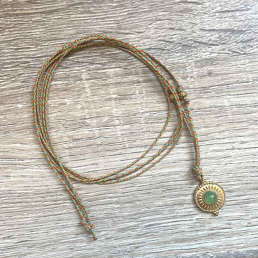 Collier médaille Aventurine verte cordon multicolore