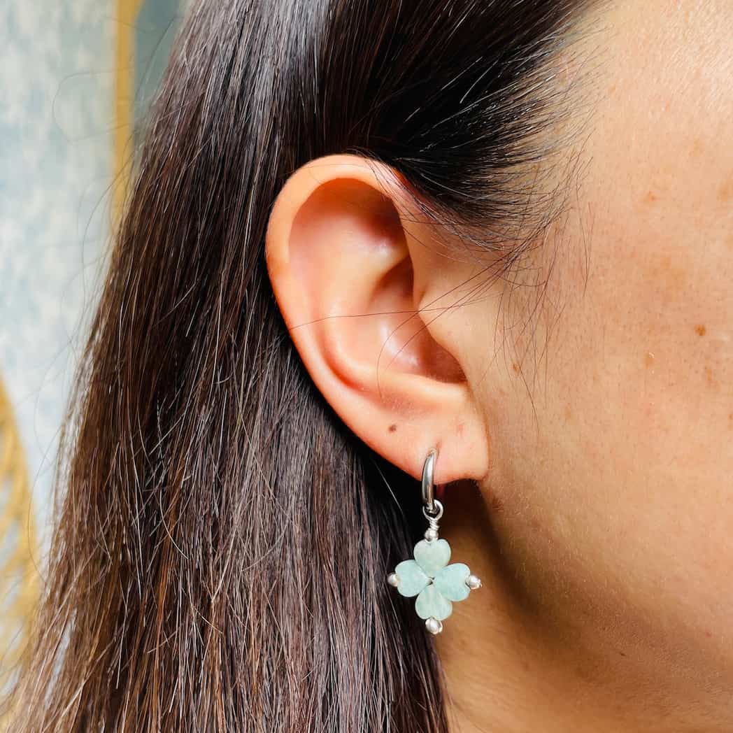 Boucles d'oreilles trèfle en Amazonite argenté